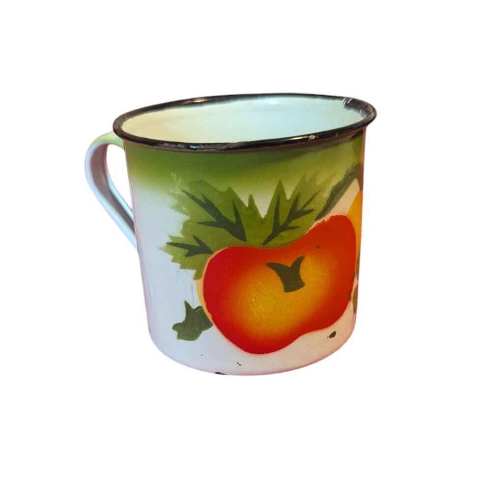 Vintage Enameled Metal Cup‎ Mug Apple Fruit MCM Cottage Core Rustic